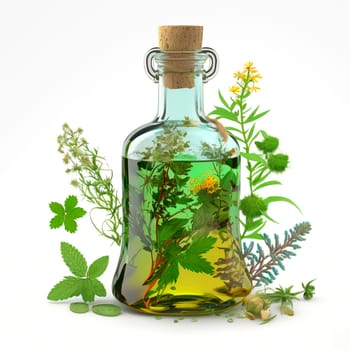 Bottle with herbal oil homeopathic herbs. Generative AI, Nature.