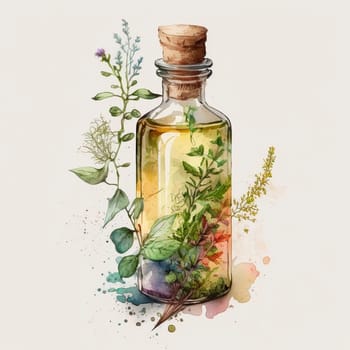 Bottle with herbal oil homeopathic herbs. Watercolor drawing. Generative AI, Nature.