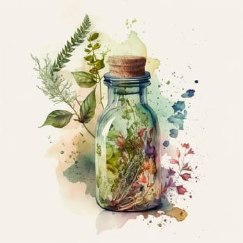 Bottle with herbal oil homeopathic herbs. Watercolor drawing. Generative AI, Nature.