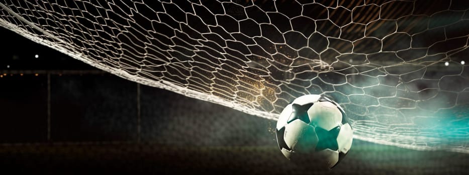 Soccer ball hitting the net with bright highlights copy space. Generative AI,