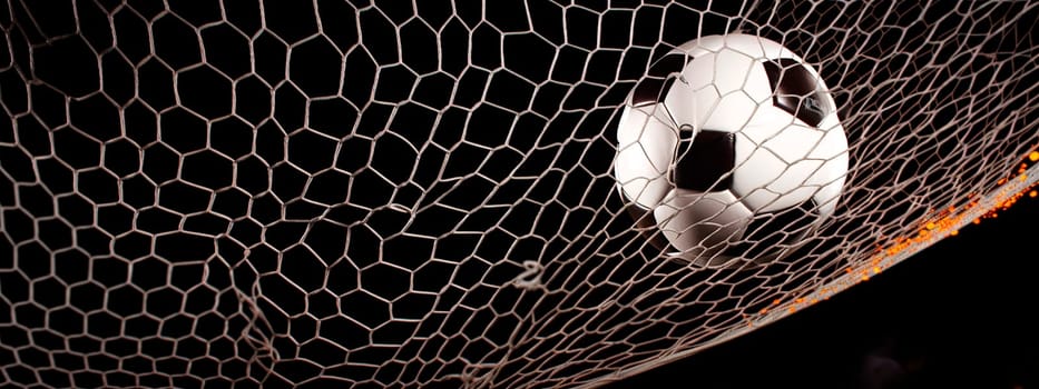 Soccer ball hitting the net with bright highlights copy space. Generative AI,