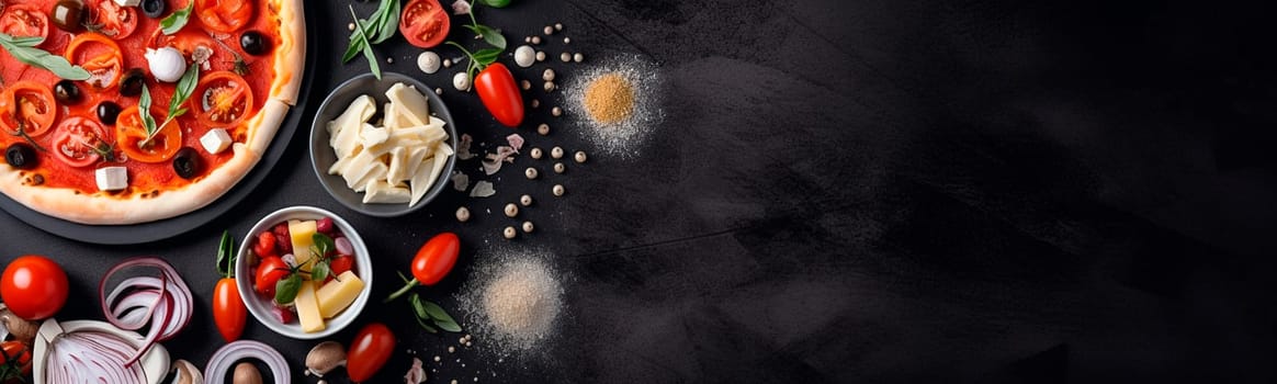 pizza and ingredients for making pizza on a black concrete background. Generative AI,
