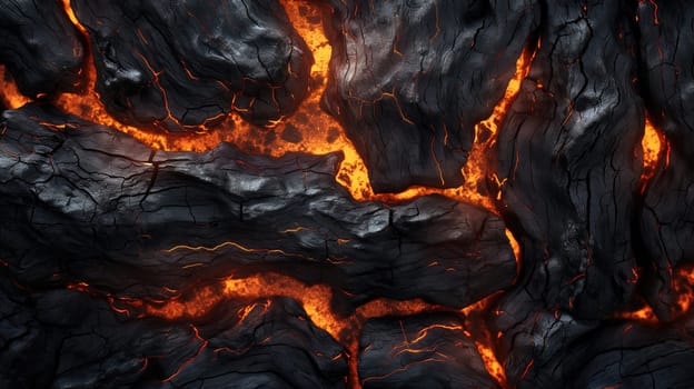 image showcases the intense heat and vibrant glow of embers as they break through the darkened surface of charred wood. Perfect for illustrating themes of transformation, energy, resilience, or nat raw power