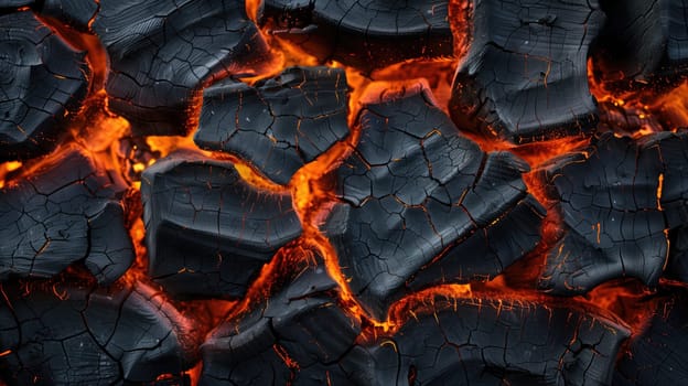 image showcases the intense heat and vibrant glow of embers as they break through the darkened surface of charred wood. Perfect for illustrating themes of transformation, energy, resilience, or nat raw power