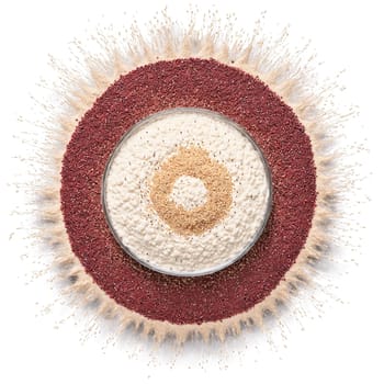 Quinoa flour mandala an arrangement of white quinoa flour red quinoa flour and black quinoa. Food isolated on transparent background.