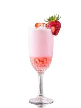 Strawberry Shortcake Fruity pink cocktail in a tall clear glass garnished with a slice. Drink isolated on transparent background.