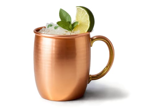Aussie Mule copper mug filled with mixture of ginger beer vodka and lime juice garnished. Drink isolated on transparent background.