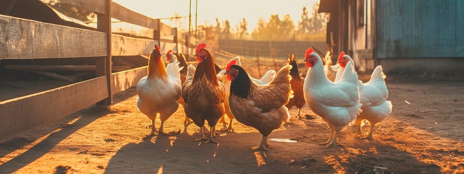 a group of chickens near the farm in the sun looks at the camera. Generative Ai, nature.