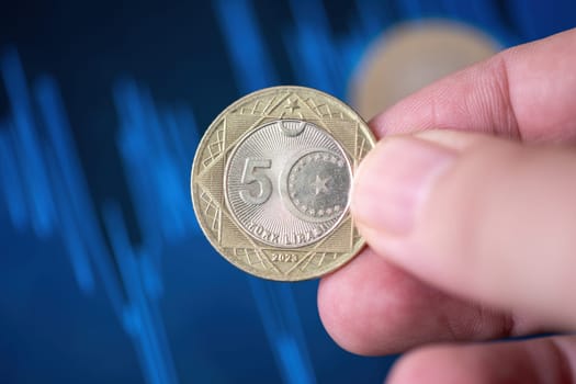 Hand holding a 5 Turkish Lira coin in front of a screen with financial chart curves