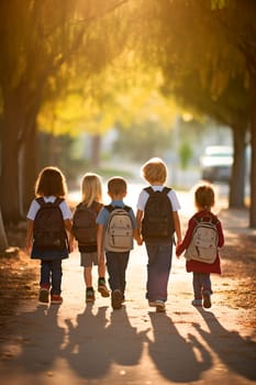 Children with backpacks go to school. Generative AI, Kids.