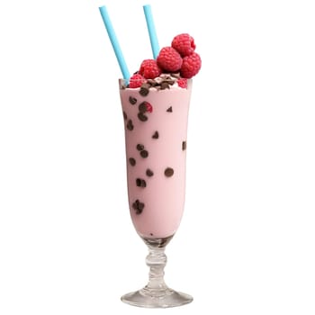 Raspberry Chocolate Chip Milkshake fresh raspberries chocolate chips fruity and chocolatey satisfying Summer drink concept. close-up milkshake drink, isolated on transparent background