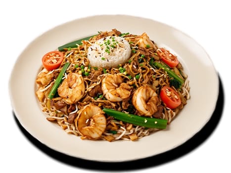 Char kway teow with stir fried rice cake strips vegetables and protein. Food isolated on transparent background.