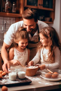 Father and daughter prepare dough in the kitchen. Generative AI, Kid.