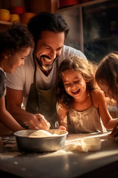 Father and daughter prepare dough in the kitchen. Generative AI, Kid.