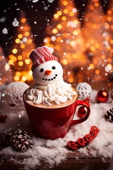 Christmas cup of cocoa with marshmallows and snowman. Generative AI, Food.