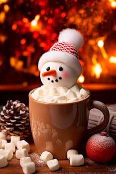 Christmas cup of cocoa with marshmallows and snowman. Generative AI, Food.