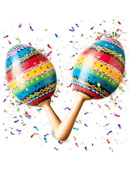 Cinco De Mayo Maracas - A pair of colorful, hand-painted maracas with vibrant patterns, shaking and creating a dynamic blur of motion, with confetti and streamers flying.