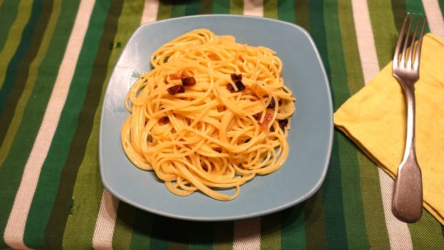 A plate of al dente spaghetti carbonara ready to serve.