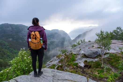 A hiker stands on a rocky precipice, overlooking a misty fjord valley in Norway. The view is breathtaking, with layers of fog and mountains stretching into the distance. Preikestolen, Norway