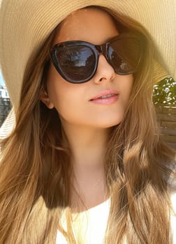 Beauty, summer holiday and fashion, face portrait of happy woman wearing hat and sunglasses, for skincare cosmetics, sunscreen spf lifestyle look idea