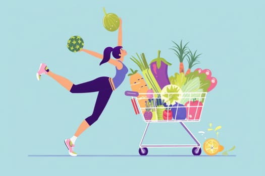 Woman running with shopping cart full of fruits and vegetables in grocery store aisle, healthy lifestyle and nutrition concept