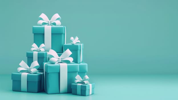 Three blue gift boxes with white ribbons on a turquoise background 3d rendering for travel, business, and fashion themes