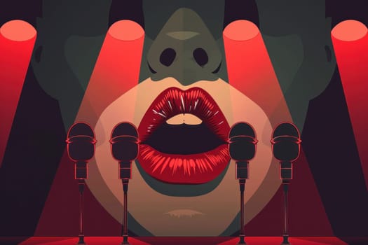 Elegant woman with red lipstick and microphone performing on stage at glamorous event with red lights and spotlight