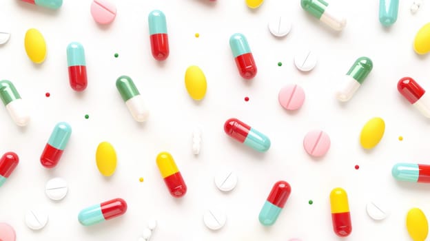Colorful pills and capsules for medical treatment on white background as a top view flat lay concept
