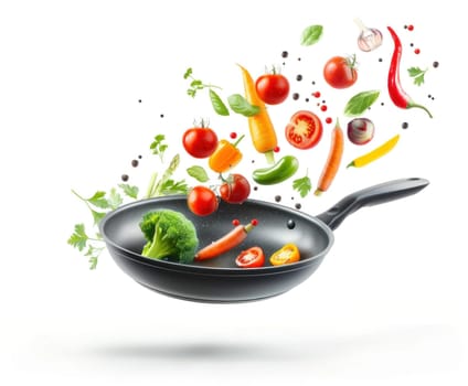 Flying vegetables in frying pan on white background for culinary concept and healthy cooking ideas