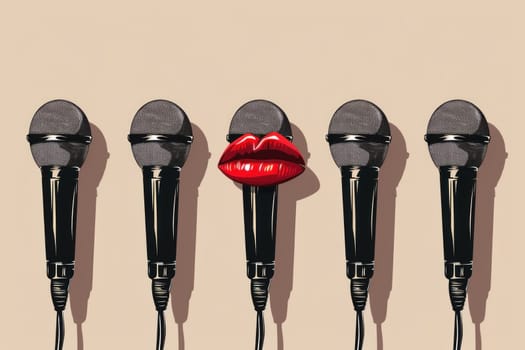 Group of microphones with red lips on one side and microphone with red lip on the other side, fashionable and stylish audio equipment concept