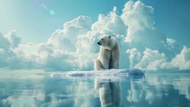 Arctic adventure polar bear sitting on iceberg in middle of ocean with dramatic clouds in background