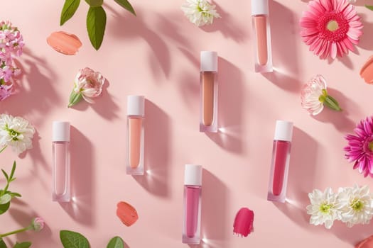 Various lip glosses and flowers on a pink surface with pink and white flowers in beauty and fashion theme
