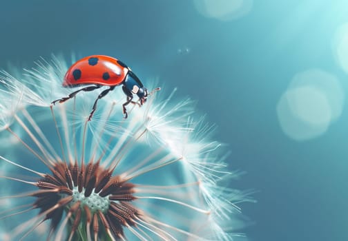 Ladybug resting on dandelion in vibrant blue sky, nature beauty and tranquility concept