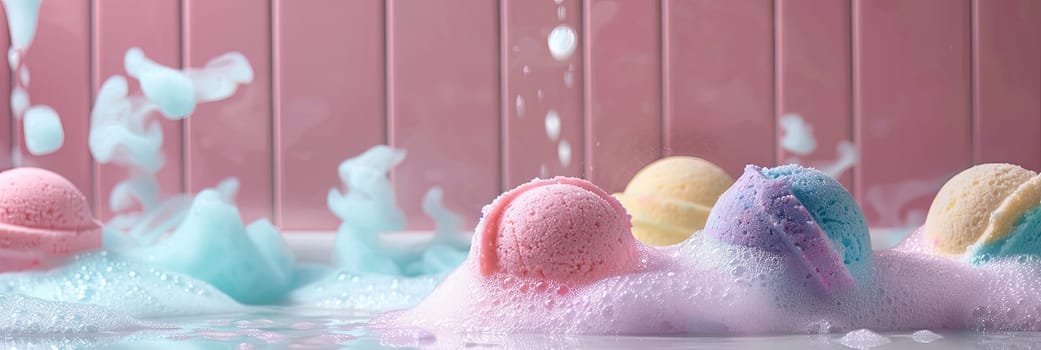 Closeup of colorful bath bombs dissolving in a tub of water, creating a vibrant, luxurious experience.