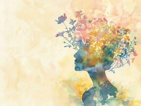 Abstract woman silhouette with flowers in hair on watercolor background, beauty and wellness concept for stock photos