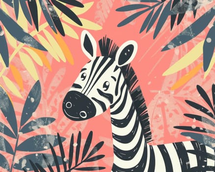 Zebra in the jungle with leaves and palm trees tropical wildlife adventure and exploration scene illustration