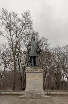 Berlin, Germany - Dec 20, 2023 - This Prominent Bronze Statue of Albrecht Theodor Emil Graf (count) von Roon, is dedicated to Prussian soldier, statesman and Minister of War. near the Berlin Victory Column's in Tiergarten, Space for text, Selective focus.