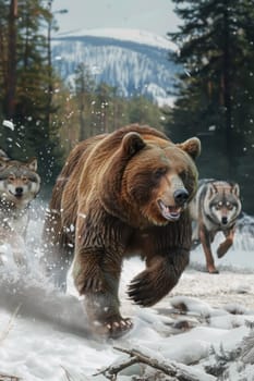Wild winter encounter three brown bears running through snow with a wolf in the background