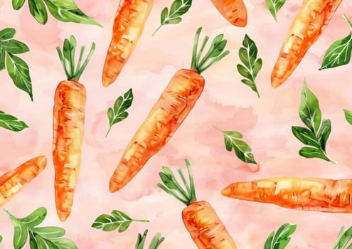 Watercolor seamless pattern with carrots on pink background, illustration for kitchen towels and aprons.