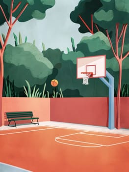 Basketball court with bench and tree in the middle urban recreation area with natural touch