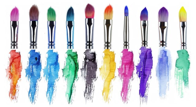 Variety of colorful paint brushes isolated on white background, art supplies for creative projects