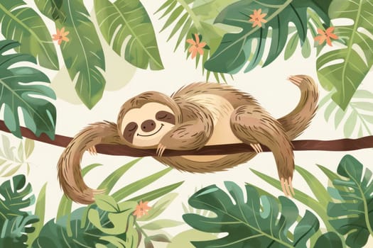 Cute sleeping sloth on tree branch in jungle wildlife illustration for travel and nature lovers