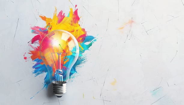 Lightbulb with colorful paint splatters, creative concept for art and design inspiration