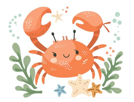 Happy cartoon crab with starfish and seaweed on white background, underwater adventure and fun concept