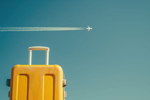 Travel inspiration a suitcase below a jet plane soaring through the blue sky, dreamy wanderlust concept
