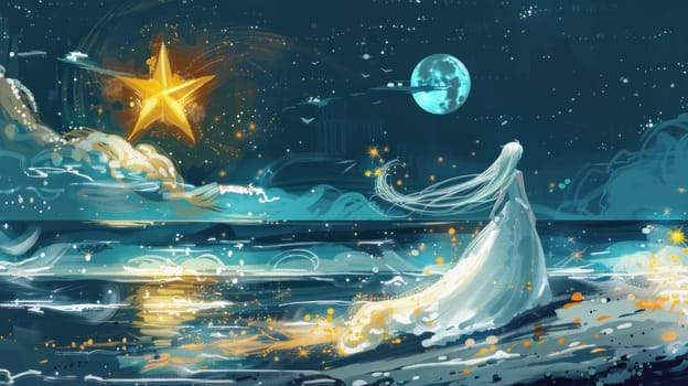 Woman in white dress enjoying starlit beach vacation beauty and tranquility under the night sky