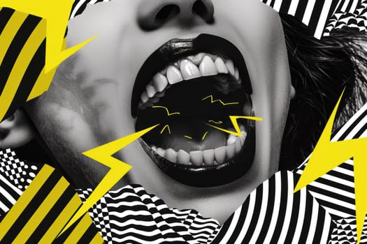 Powerful expression woman with open mouth shooting lightning bolt in black and yellow poster