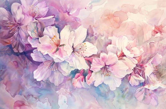 Floral watercolor painting of pink flowers with blue sky and purple clouds on pink background