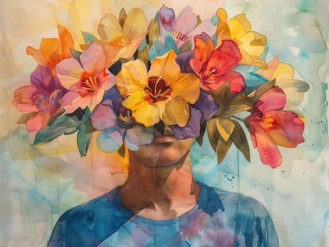 Man with flowers in his head and blue shirt enjoying the beauty of art in watercolor painting