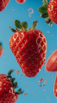 Close-up of fresh strawberries with water droplets against a blue background